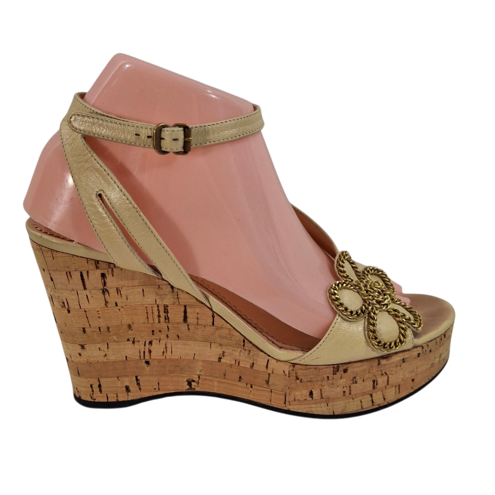 Chloe Platform Sandals Leather Cork Wedge Heels Sling Back Tan Womens Size 38.5